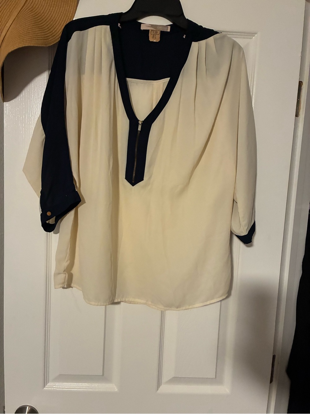 Forever 21 Cream Blouse with Navy Trim Zip Front